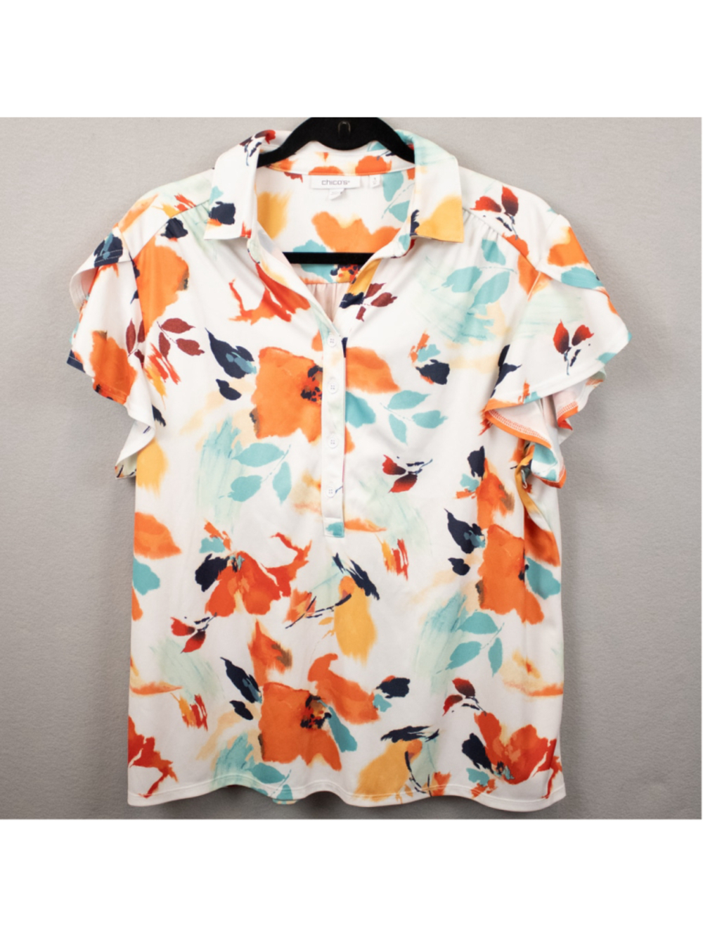 Chico's floral print flutter sleeve polo shirt-3